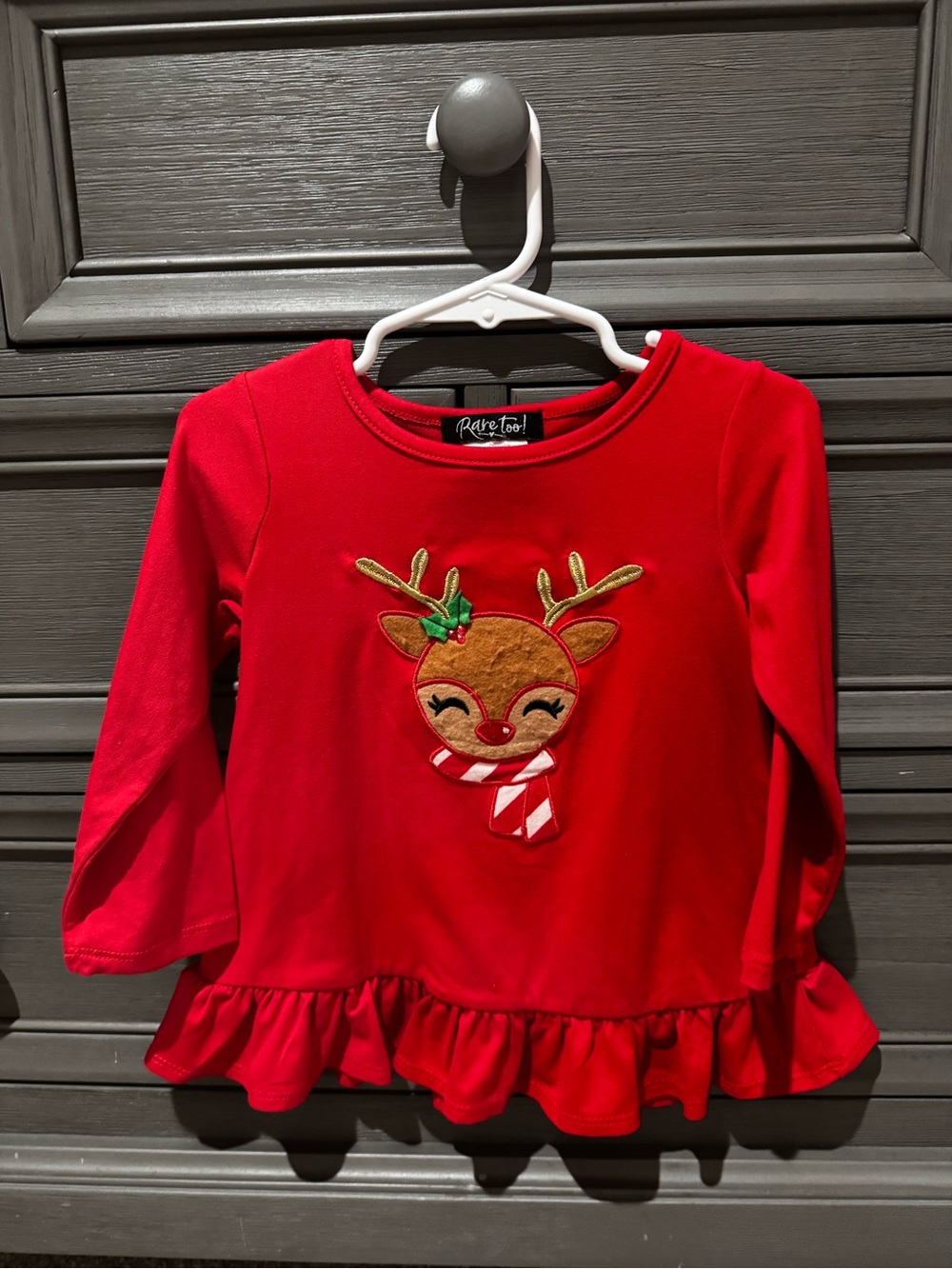Red Holiday Reindeer Ruffle Hem Long Sleeve Top